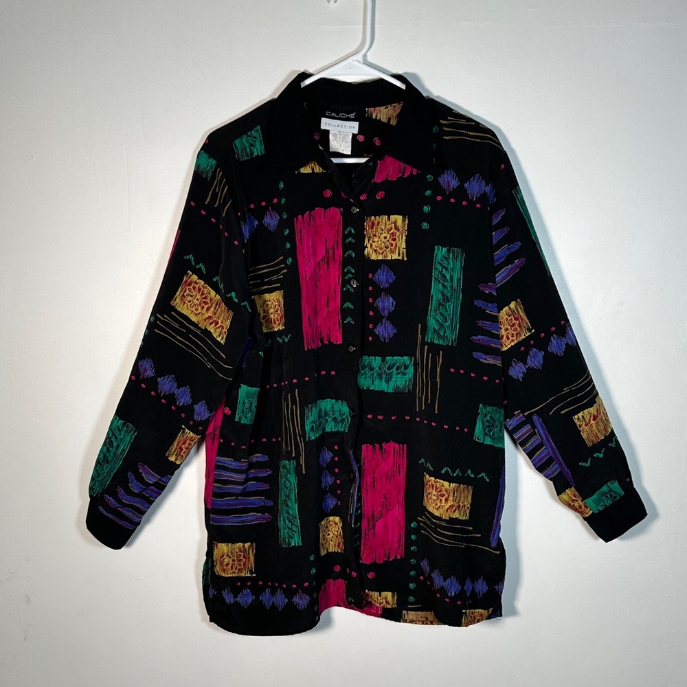 Caliche Collection Vintage Blouse Multicolor Abstract Print Button Down Retro80s